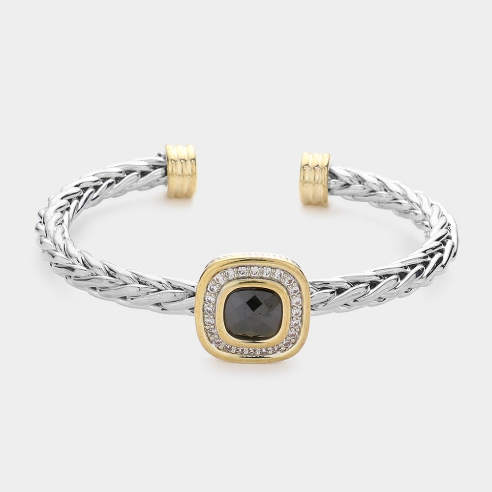 Two Tone Black Gold Cushion CZ Square Stone Silver Cable Cuff Bracelet Jewelry
